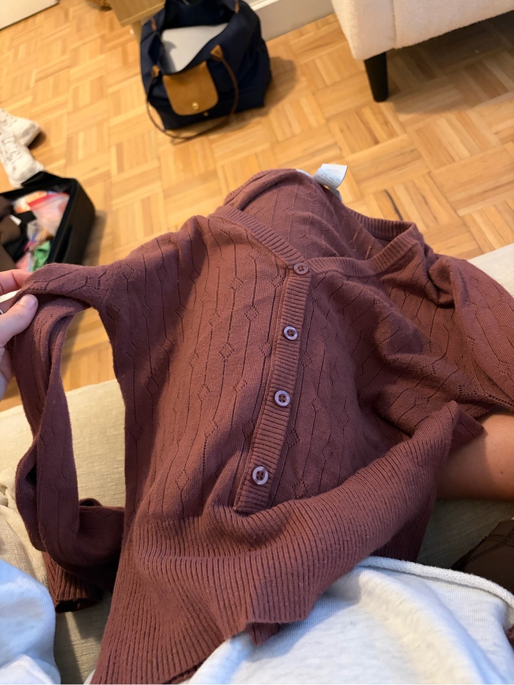 Design History Mauve-Brown Cable Knit Button-Front Cardigan